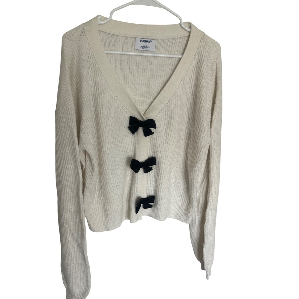 Old Navy SoSoft Velvet Bow Ribbed Cardigan White Black Cropped Sweater M Tall
